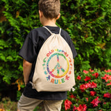 OLD HIPPIES RULE Peace Sign Drawstring Canvas Backpack