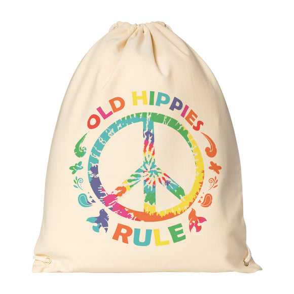OLD HIPPIES RULE Peace Sign Drawstring Canvas Backpack