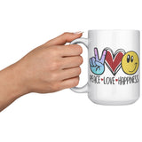 PEACE, LOVE, HAPPINESS Emoji 15oz COFFEE MUG