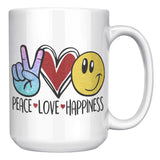 PEACE, LOVE, HAPPINESS Emoji 15oz COFFEE MUG