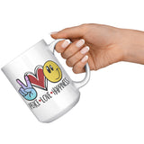 PEACE, LOVE, HAPPINESS Emoji 15oz COFFEE MUG