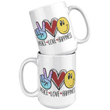 PEACE, LOVE, HAPPINESS Emoji 15oz COFFEE MUG