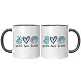 Peace Love Beach 11oz Coffee Mug, Plain White or Color Accent