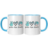 Peace Love Beach 11oz Coffee Mug, Plain White or Color Accent