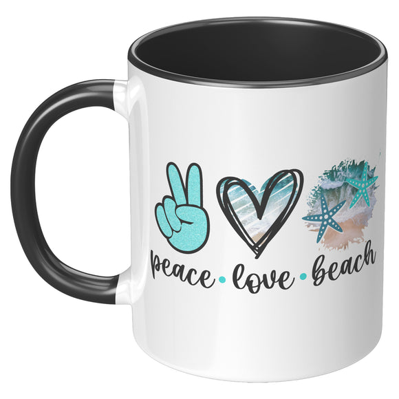 Peace Love Beach 11oz Coffee Mug, Plain White or Color Accent