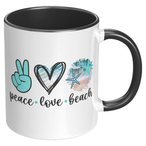 Peace Love Beach 11oz Coffee Mug, Plain White or Color Accent