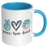 Peace Love Beach 11oz Coffee Mug, Plain White or Color Accent