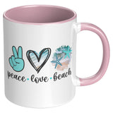 Peace Love Beach 11oz Coffee Mug, Plain White or Color Accent