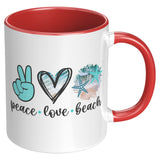 Peace Love Beach 11oz Coffee Mug, Plain White or Color Accent