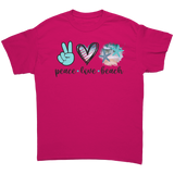Peace_Love_Beach_Unisex_T-Shirt_Heliconia_Front_Mockup.png