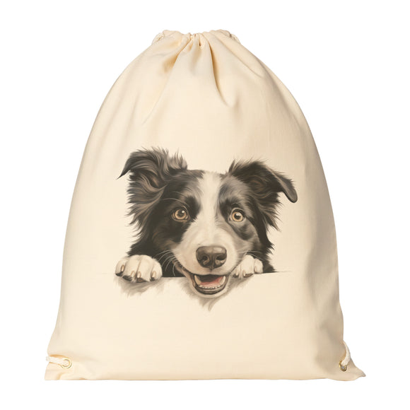 Peeking Border Collie Drawstring Canvas Backpack