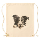 Peeking Border Collie Drawstring Canvas Backpack