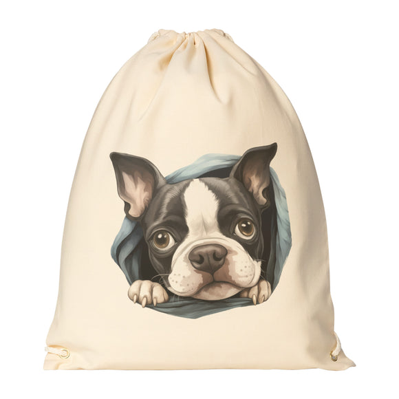 Peeking Boston Terrier Drawstring Canvas Backpack