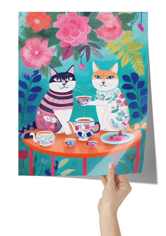 Pop Art Design CATS DRINKING TEA 11 x 14 Poster PRINT, Glossy or Matte