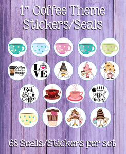 1" Round Coffee Designs Stickers / Seals, 63 Seals Stickers