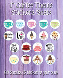 1" Round Coffee Designs Stickers / Seals, 63 Seals Stickers