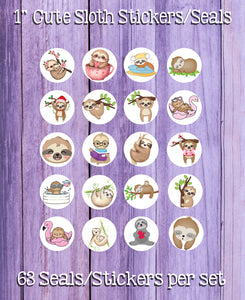 1" Round Sloth Designs Stickers / Seals, 63 Seals Stickers