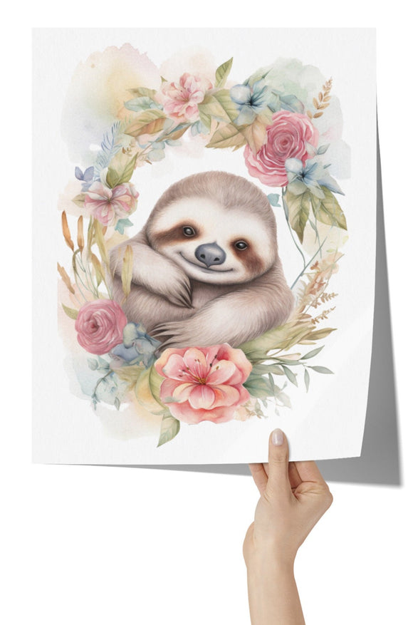 Watercolor Look 11x14 Floral SLOTH Poster Print, Matte or Glossy