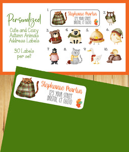 Personalized Cute Autumn Animals Address Labels, Cute and Cozy Creatures, Set of 30 Return Labels