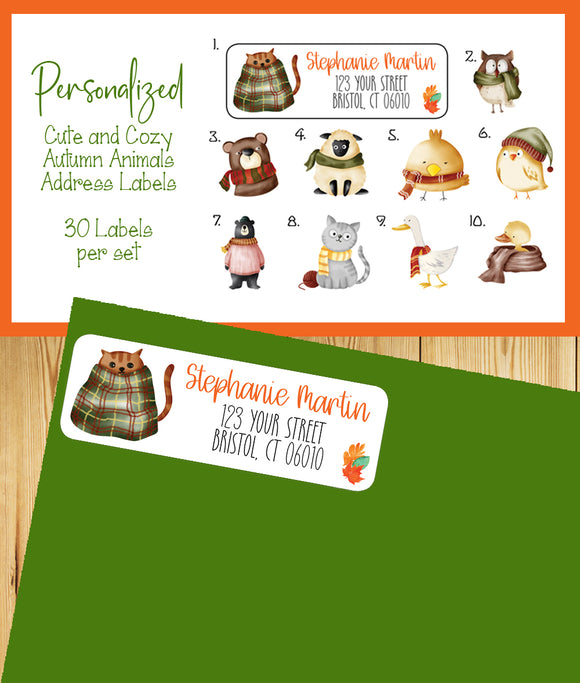 Personalized Cute Autumn Animals Address Labels, Cute and Cozy Creatures, Set of 30 Return Labels