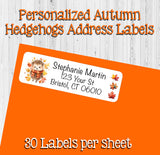 Personalized Cute Autumn Hedgehogs Address Labels, Sets of 30, Cozy Hats, 30 Address Labels