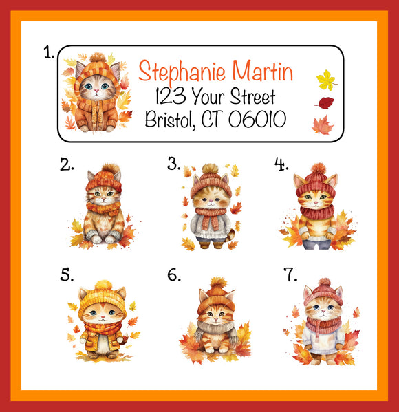 Personalized Cute AUTUMN Kittens CATS in Leaves Address LABELS, Sets of 30, Cozy Hats, 30 Address Labels