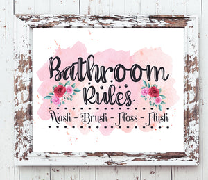 Pink Floral Decor BATHROOM RULES 8x10 Typography Art Print