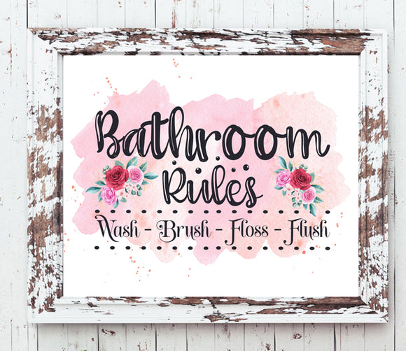 Pink Floral Decor BATHROOM RULES 8x10 Typography Art Print