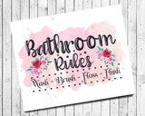 Instant Download Pink Floral Decor BATHROOM RULES 8x10 Digital Print File