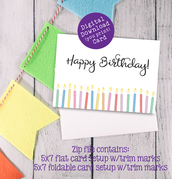 Happy Birthday Card, Candles Design, Digital Printable, Instant Download, Greeting Card
