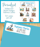 Personalized Address Labels Watercolor Beach Designs, Summer, Ocean, Sets of 30 Labels