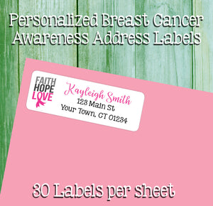 FAITH HOPE LOVE Return Address Labels Breast Cancer Awareness Ribbon White or Clear, Personalized