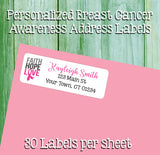 FAITH HOPE LOVE Return Address Labels Breast Cancer Awareness Ribbon White or Clear, Personalized