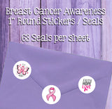 Breast Cancer Awareness Seals Stickers Pink Butterfly Ribbon, 1" Round Envelope Seals