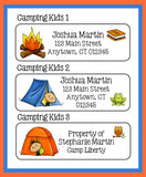 Personalized CAMPING KIDS Return ADDRESS Labels, Great for Kids, Kids Camp Labels, Sets of 30, Summer Camping Tents