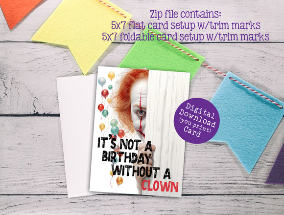 Happy Birthday Card, Scary Clown, Digital Printable, Instant Download, Greeting Card