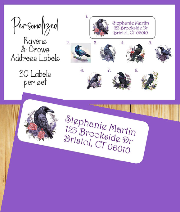 Crows & Ravens Personalized Return Address Labels – Gothic Black Bird Mail Stickers – Set of 30 Custom Labels