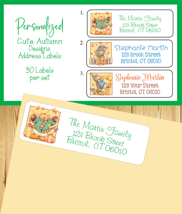 Personalized FALL AUTUMN Teddy Bear and Scarecrow Return Address LABELS - J & S Graphics