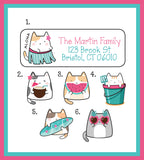 Summer Kitty Cats Address Labels, 30 Return Address Labels per sheet, Kawaii Kitties, Personalized, Everyday Labels