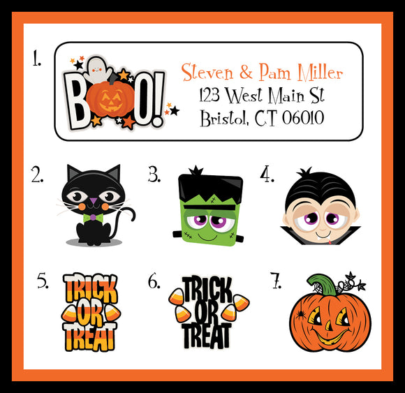 Personalized CUTE HALLOWEEN Address LABELS, Sets of 30, Pumpkins, Black Cat, Boo