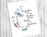 Dragonfly Angels and Feathers Memorial Quote 8x10 Printable Instant Download, Dragonflies, Feathers, Angels, Wall Decor