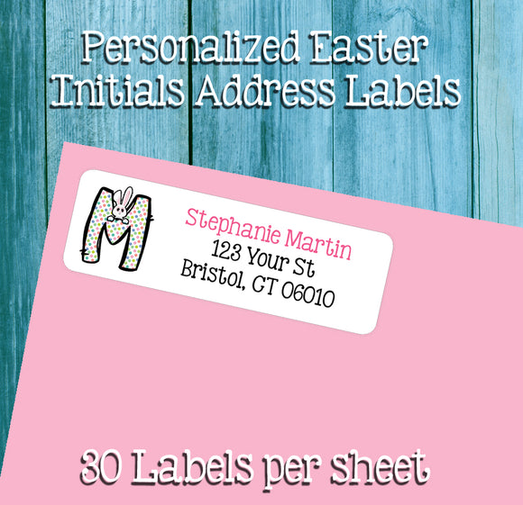 Personalized EASTER BUNNY INITIALS Monogram Address Labels, Sets of 30, Return Initial Labels