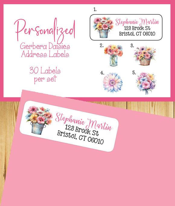Personalized Gerbera Daisies Address Labels, Sets of 30 Return Labels, Daisy