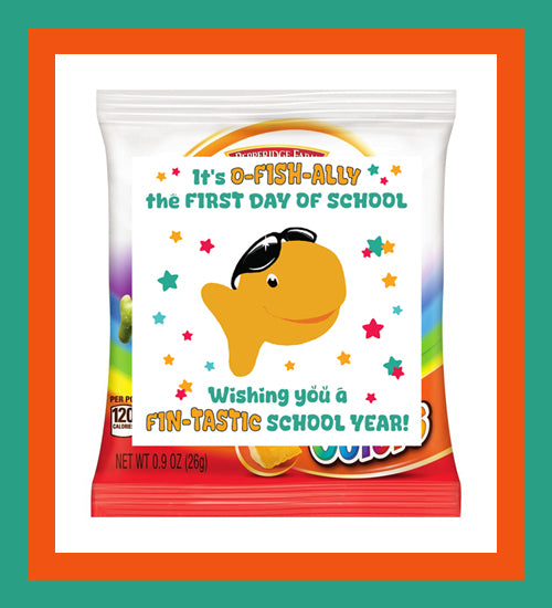 GOLDFISH First Day of SCHOOL Gift Tag/Sticker, Back to School Gift Tre