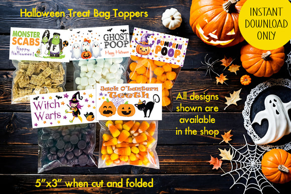 Ghost Poop, Pumpkin Poop, Witch Warts, Monster Scabs, Jack O'Lantern Teeth Halloween Bag Toppers, Instant Download All 5 in one download