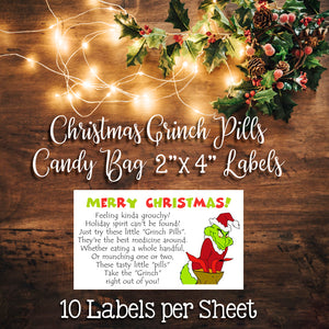 CHRISTMAS GRINCH Pills 2x4 Labels, Perfect for M&M Candy Bags - J & S Graphics