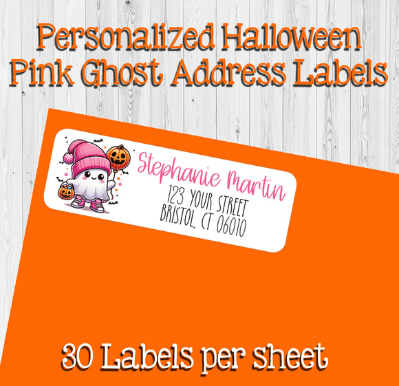 Pink Halloween Chic Ghost Address Labels, Cute Return Labels, Personalized Halloween Stickers, Set of 30