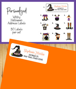 Personalized Halloween Witch Return Address Labels – Cute Little Witchy Mailing Labels, Custom Spooky Address Stickers, Sets of 30