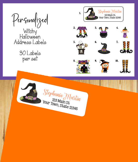 Personalized Halloween Witch Return Address Labels – Cute Little Witchy Mailing Labels, Custom Spooky Address Stickers, Sets of 30