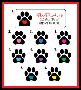 Personalized PAW PRINTS, Cat and Dog Return ADDRESS Labels Color Heart Choice
